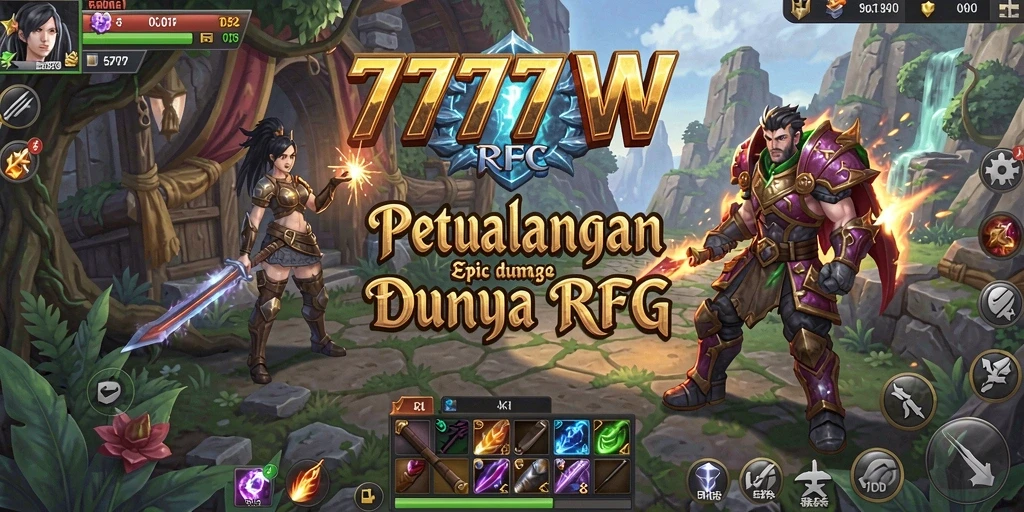 Tangkapan layar utama 7777W yang menunjukkan pertarungan seru dalam dunia RPG.