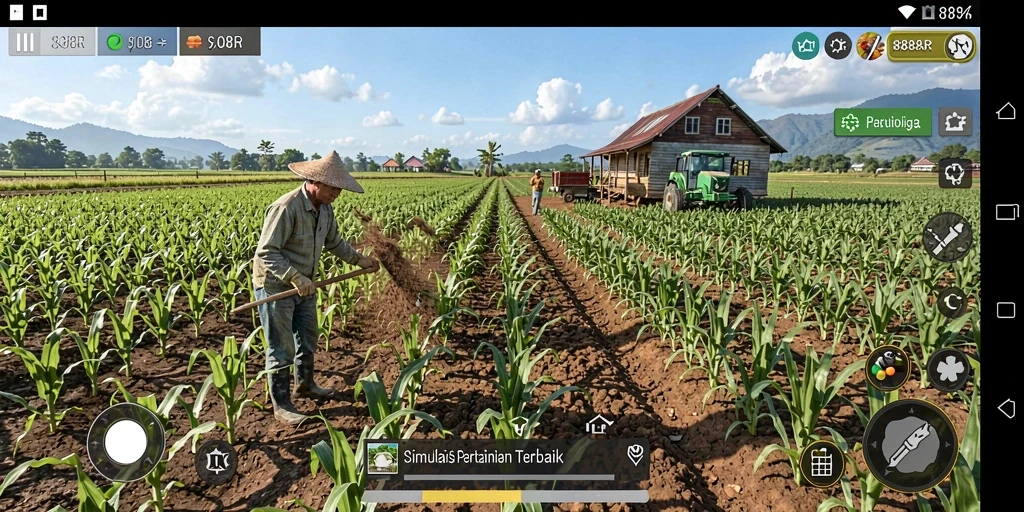 Tampilan gameplay 888R dengan ladang subur dan hewan-hewan yang bahagia.