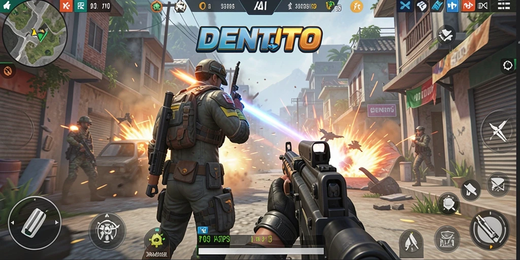 Screenshot DENTOTO menampilkan aksi tempur yang mendebarkan.