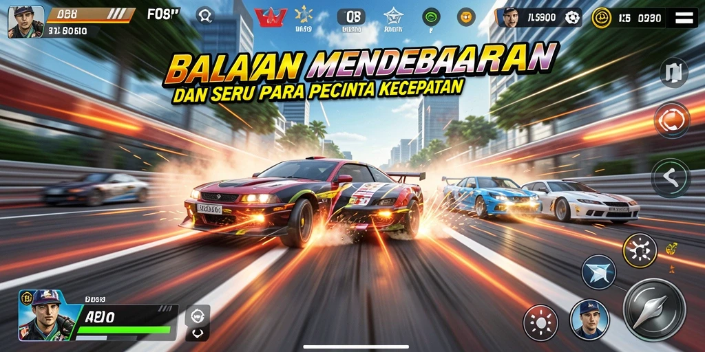 Screenshot gameplay F08 dengan aksi balapan yang mendebarkan.