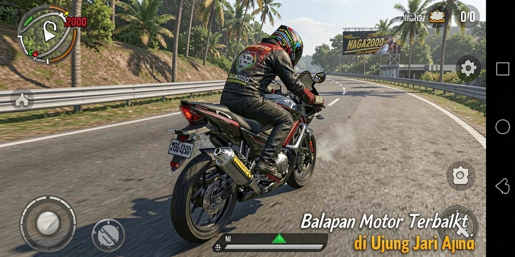 Screenshot gameplay NAGA2000 menampilkan aksi balapan motor yang mengesankan.