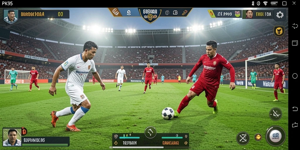 Screenshot utama PK95 menampilkan aksi pertandingan sepak bola yang mendebarkan.