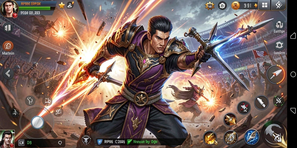 Gambar tampilan gameplay RP886 yang menampilkan karakter bertarung di arena.