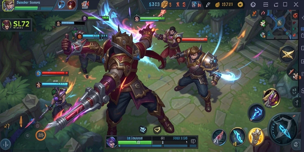 Tampilan gameplay SL72 dengan pertempuran seru di arena MOBA.