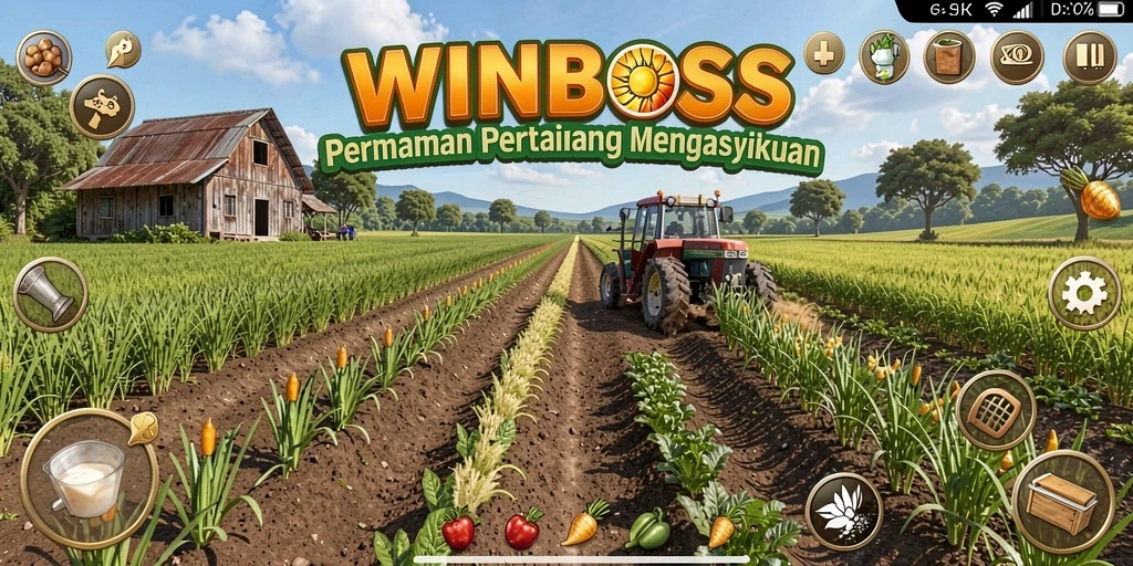 Screenshot gameplay <strong>WINBOSS</strong> menunjukkan petani yang tengah memanen hasil taninya.