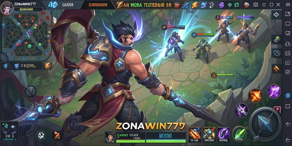 Tampilan seru gameplay ZONAWIN777 dalam pertarungan MOBA.